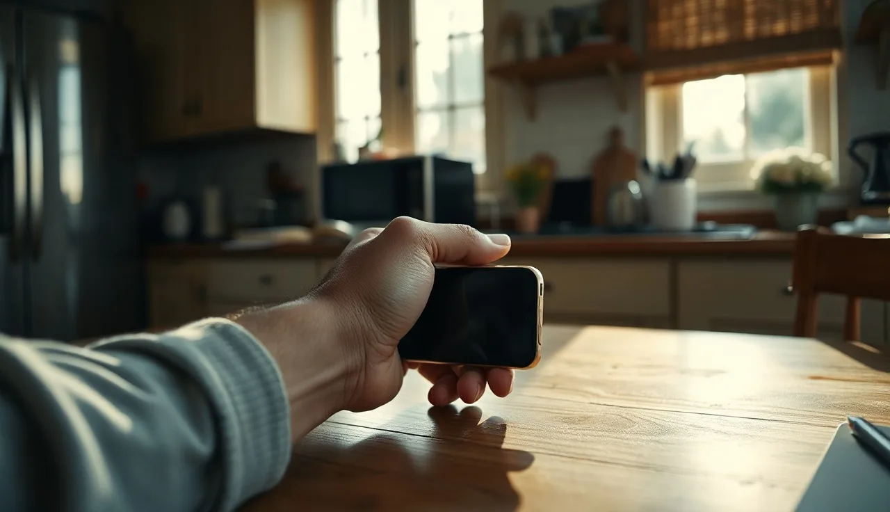 Hand resting on a face-down smartphone on a wooden table, representing do not call or text compliance