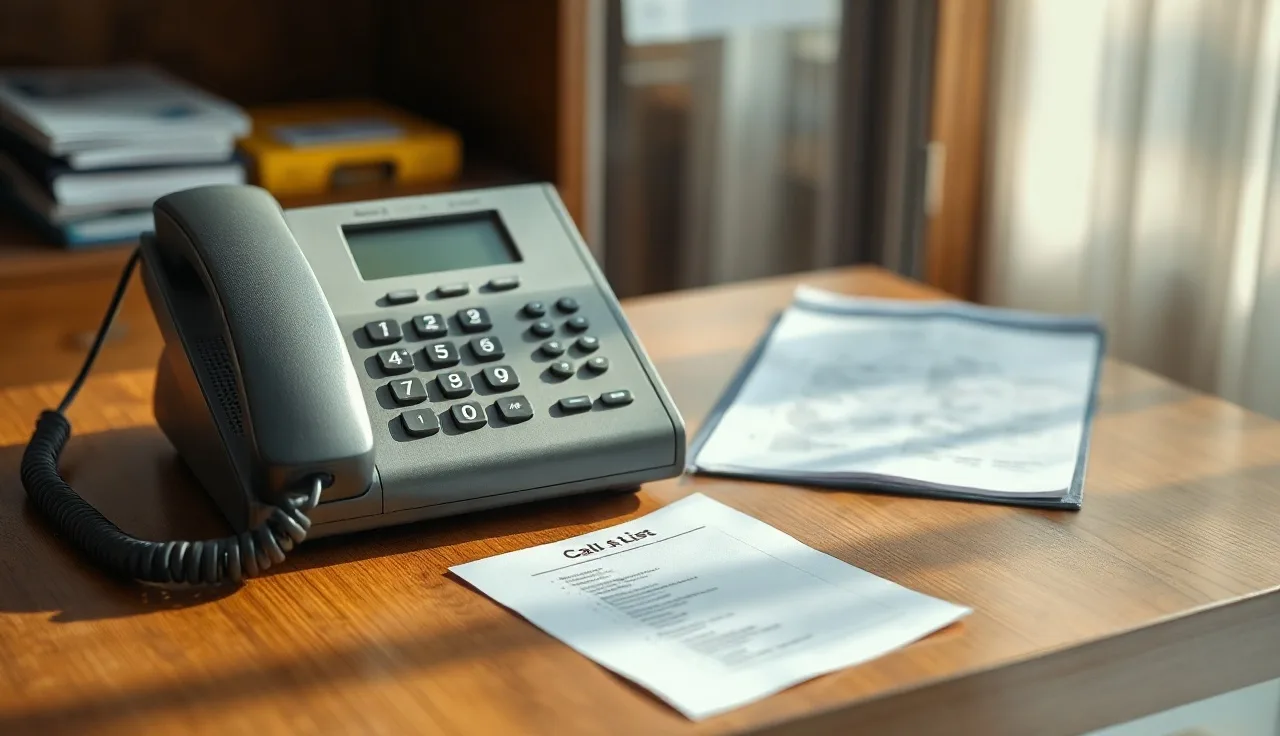Office desk with a landline telephone and call list related to DNC registry compliance