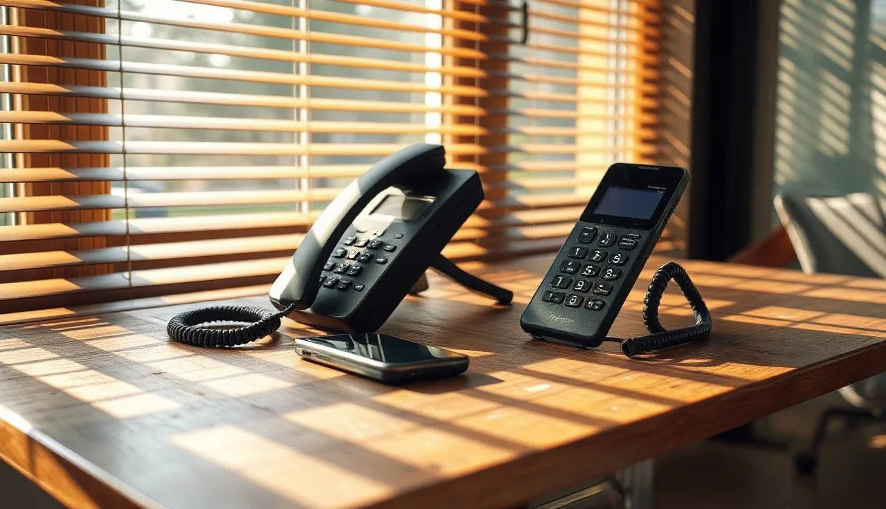 Landline and mobile phone on wooden desk representing do not call registry compliance