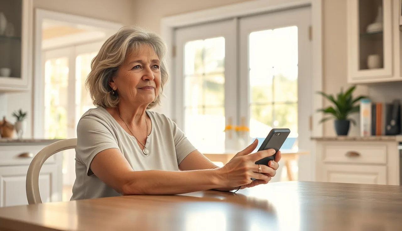 Woman at kitchen table holding phone, Florida home interior, afternoon light