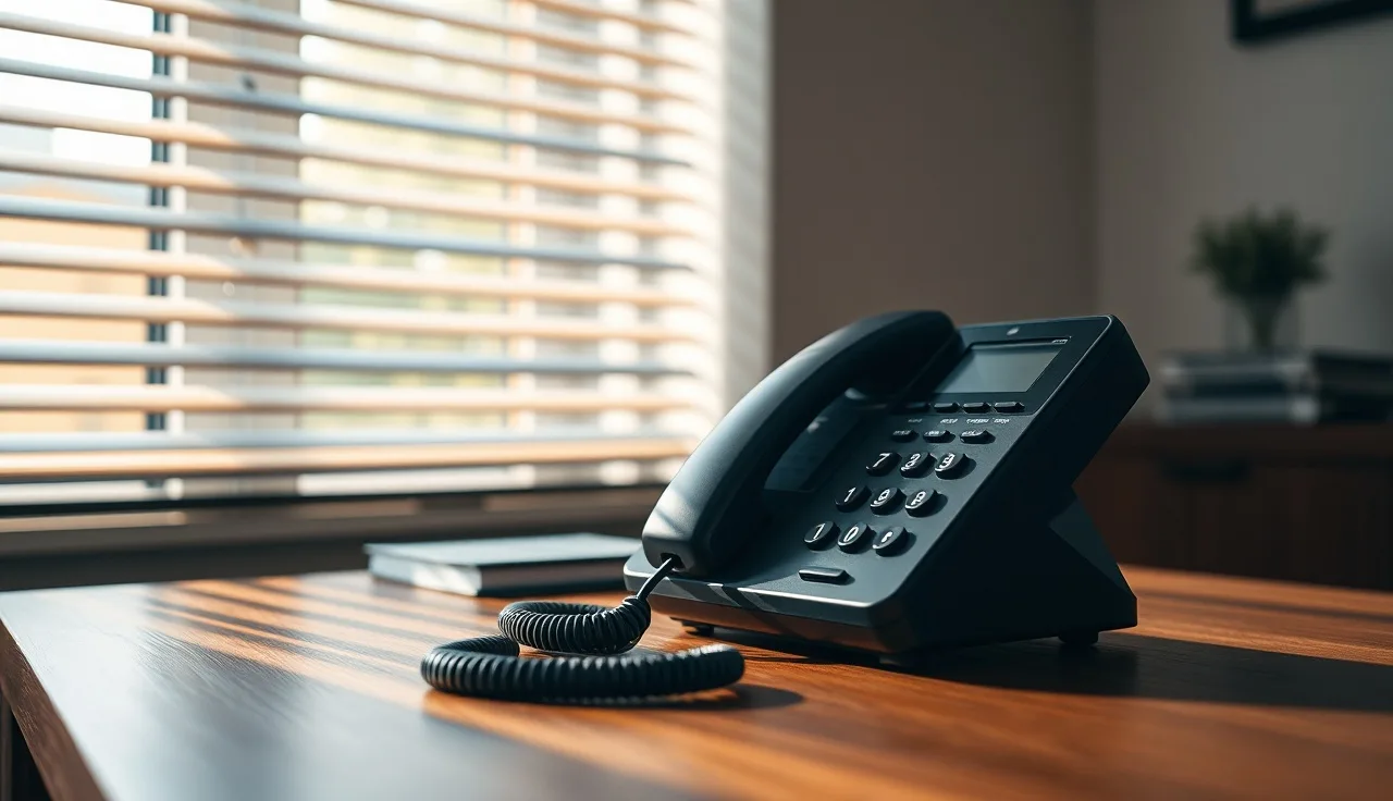 Landline phone with handset off the hook on a wooden desk in afternoon light