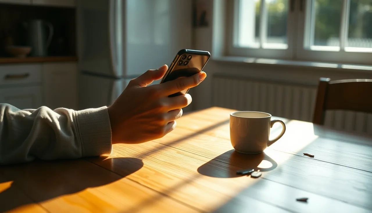 Person at kitchen table with phone registering on do not call list