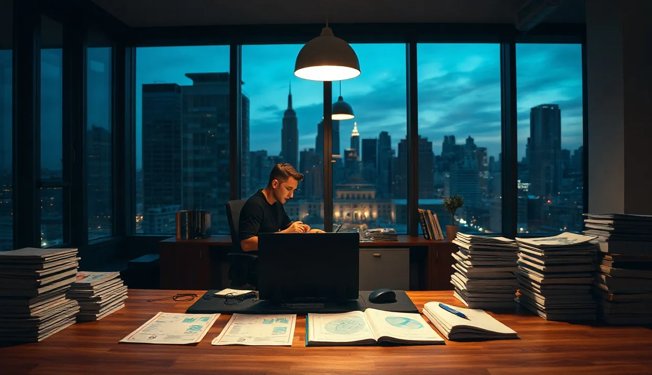 Person reviewing DNC registry compliance documents at a desk in an office at dusk