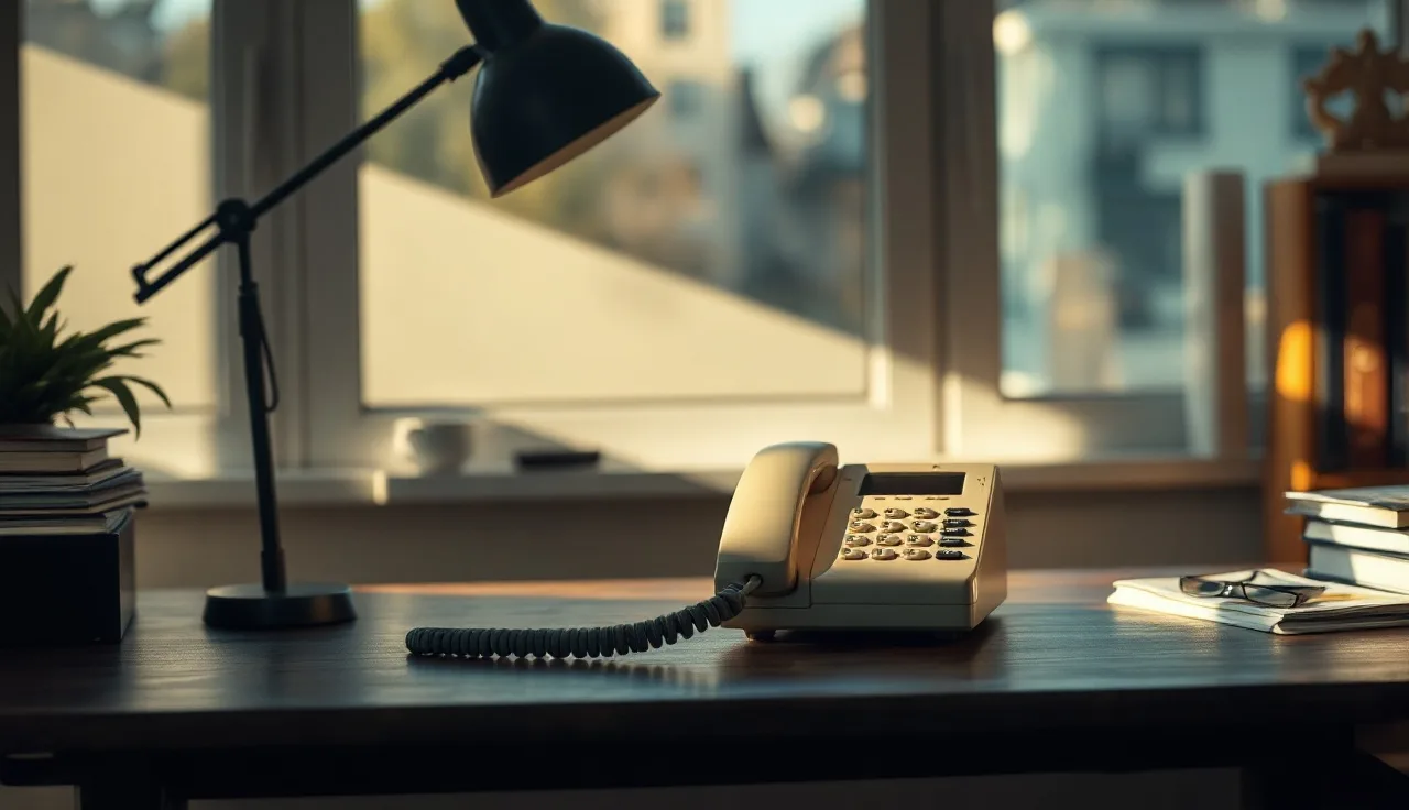 Landline phone on wooden desk representing do not call compliance