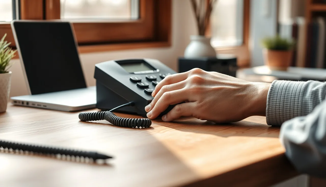 Hand resting on a landline phone on a wooden desk, registering for DNC protection