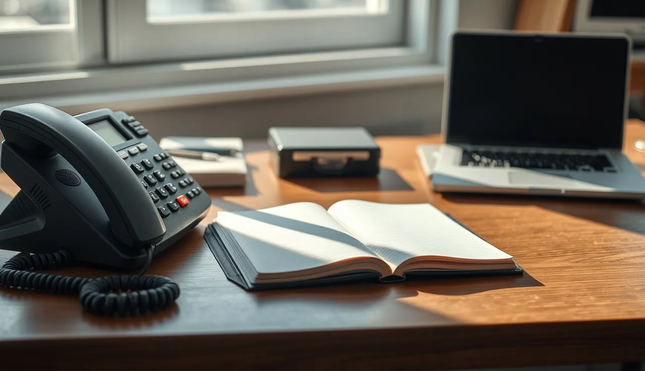 Landline phone and notebook on a desk showing DNC compliance workspace