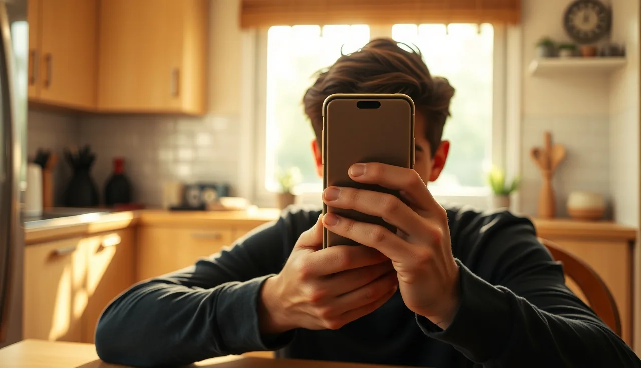 Person holding ringing smartphone at kitchen table receiving unwanted call