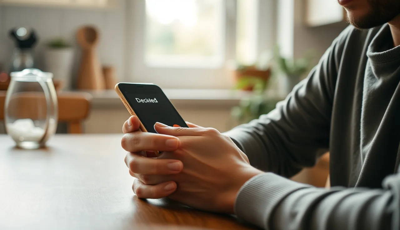 Person at kitchen table declining an unwanted call on a mobile phone