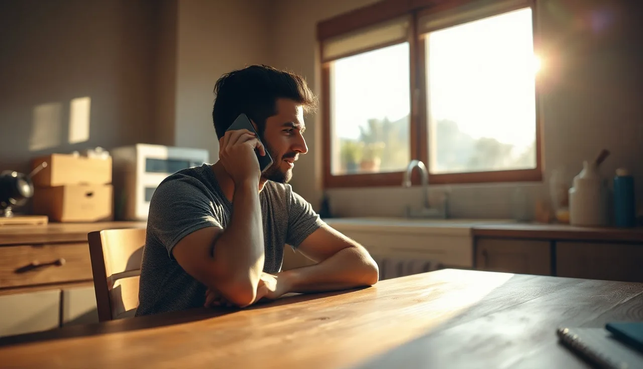 Frustrated person holding smartphone receiving unwanted call at home