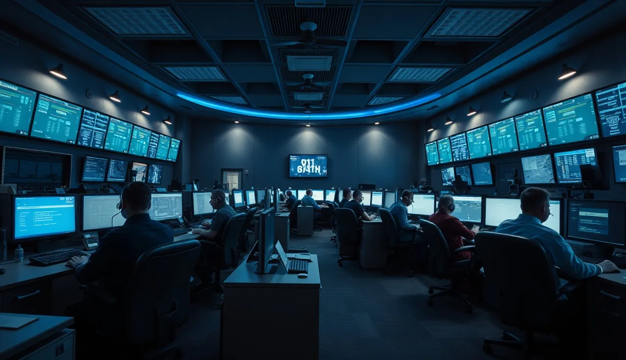 911 dispatch operators at workstations in a darkened emergency call center at night