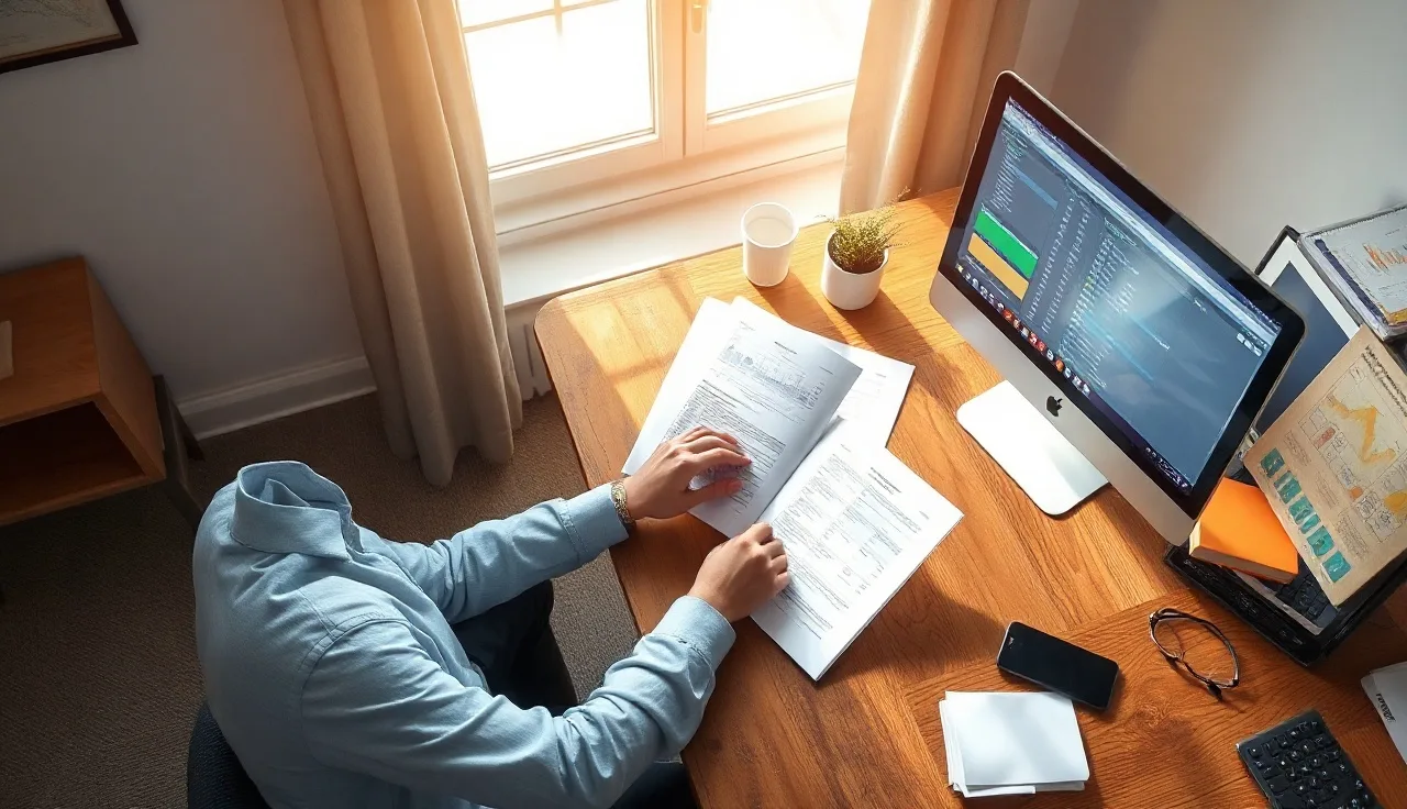 Person reviewing printed call list spreadsheets at a desk for DNC scrubbing compliance