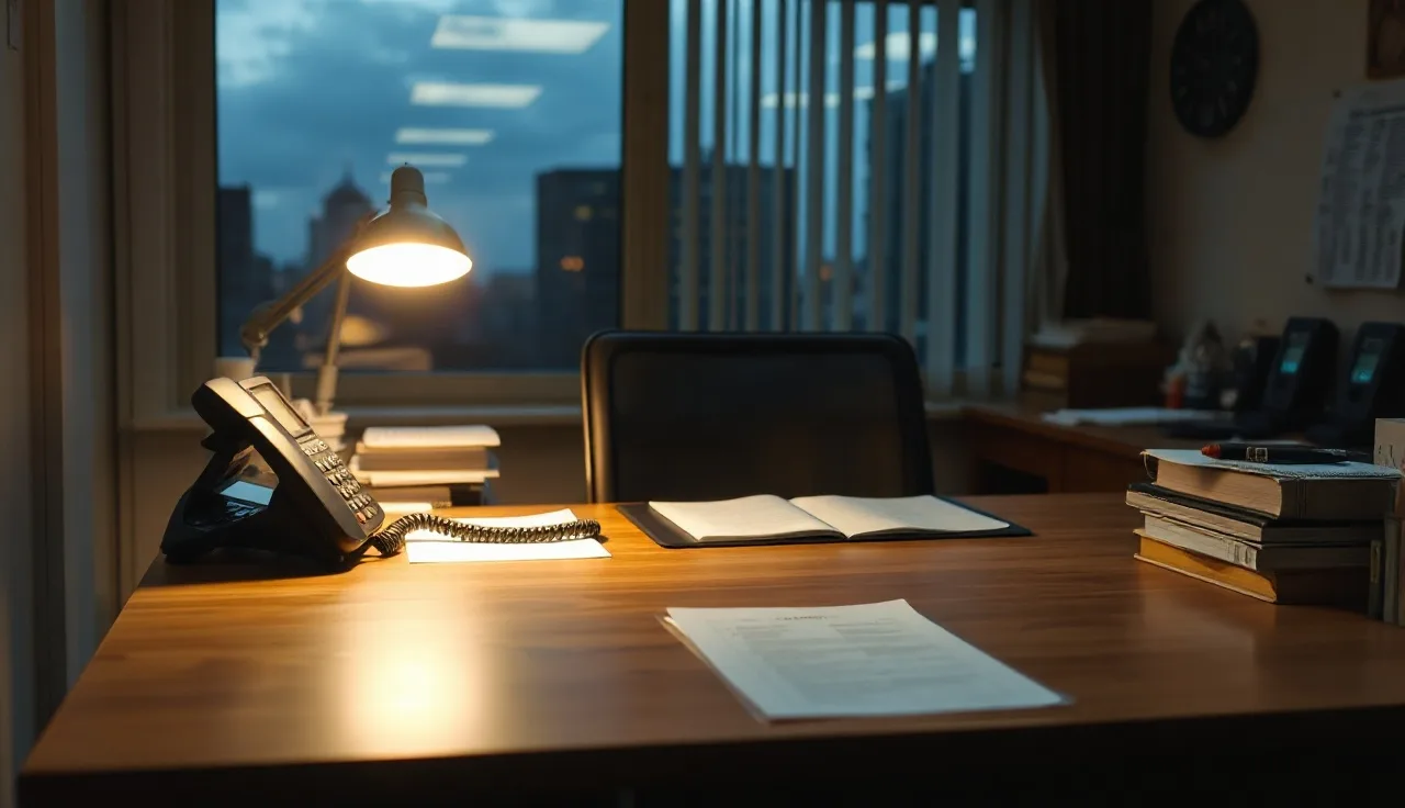 Person at desk with telephone reviewing a printed call list at dusk