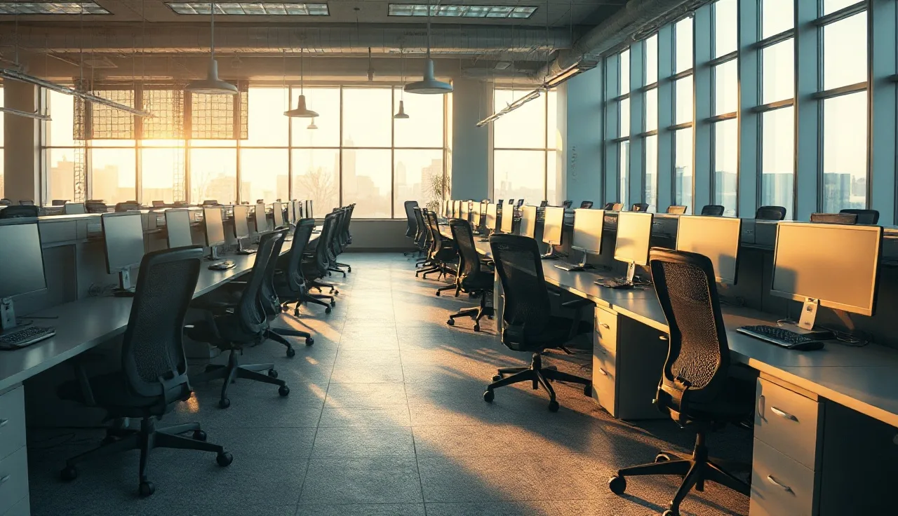 Empty call center workstations with headsets at rest, afternoon light through windows