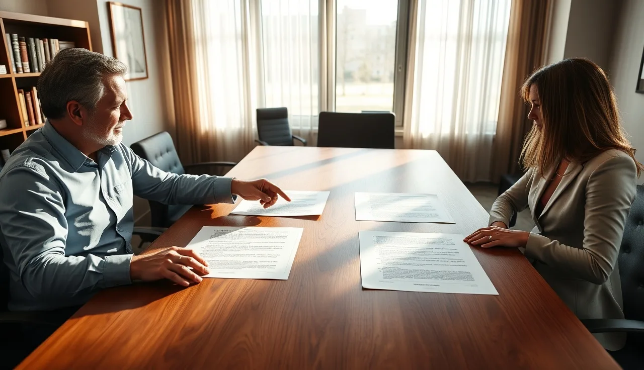 Two people reviewing contract pages at a conference table, discussing vendor liability terms