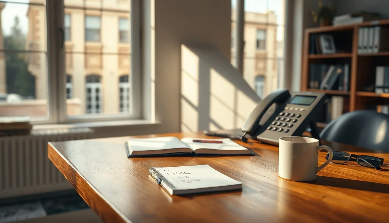 Sunlit office desk with phone and notepad showing TCPA compliance budget notes