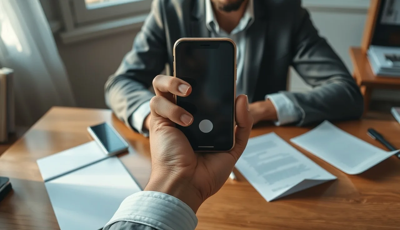 Person at desk holding ringing phone surrounded by opened legal mail envelopes