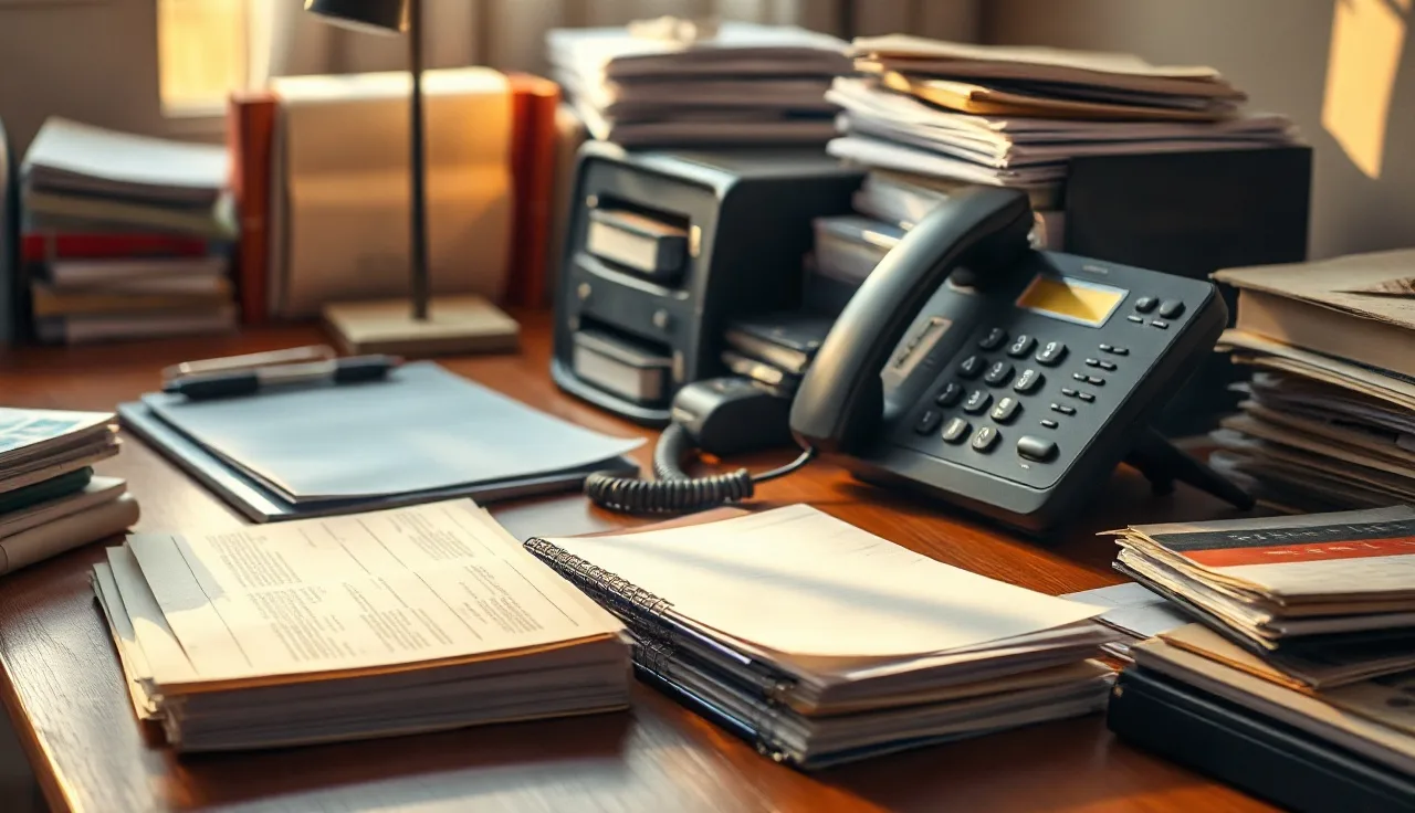 Landline phone off the hook next to paper files on an office desk, debt collection setting