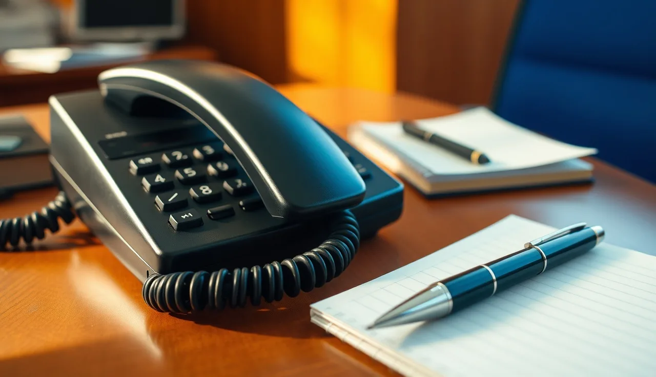 Phone handset and legal notepad on a wooden desk in an office, suggesting outbound dialing compliance risk