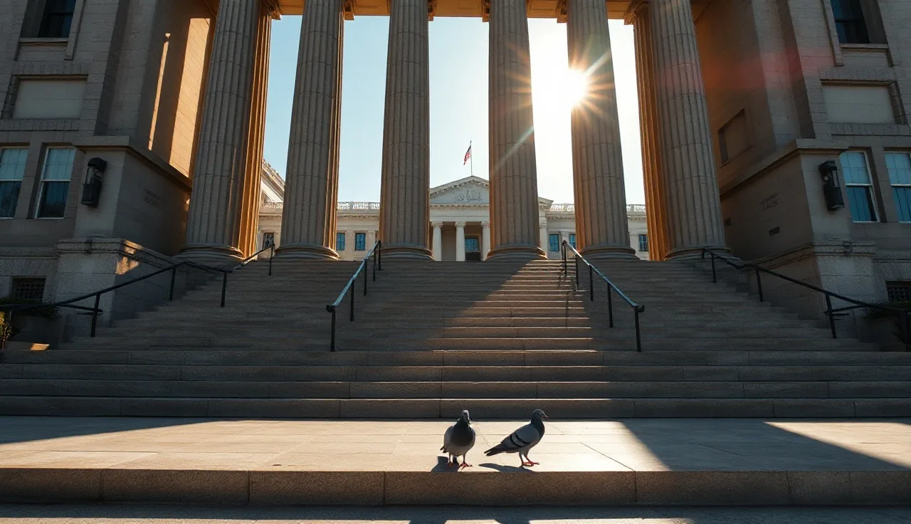 Federal courthouse stone steps and columns on a clear morning, TCPA settlement proceedings