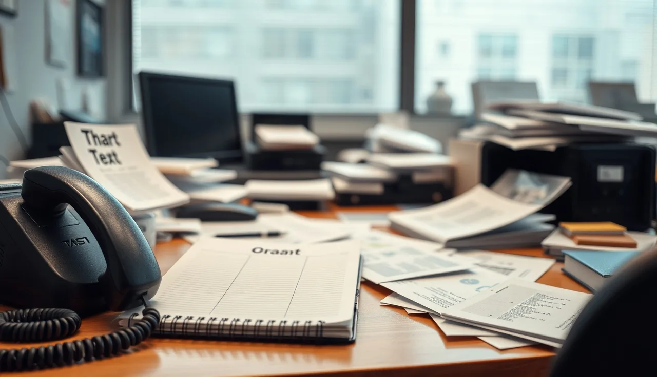 Office desk with phone off the hook and scattered papers illustrating outbound call compliance risks