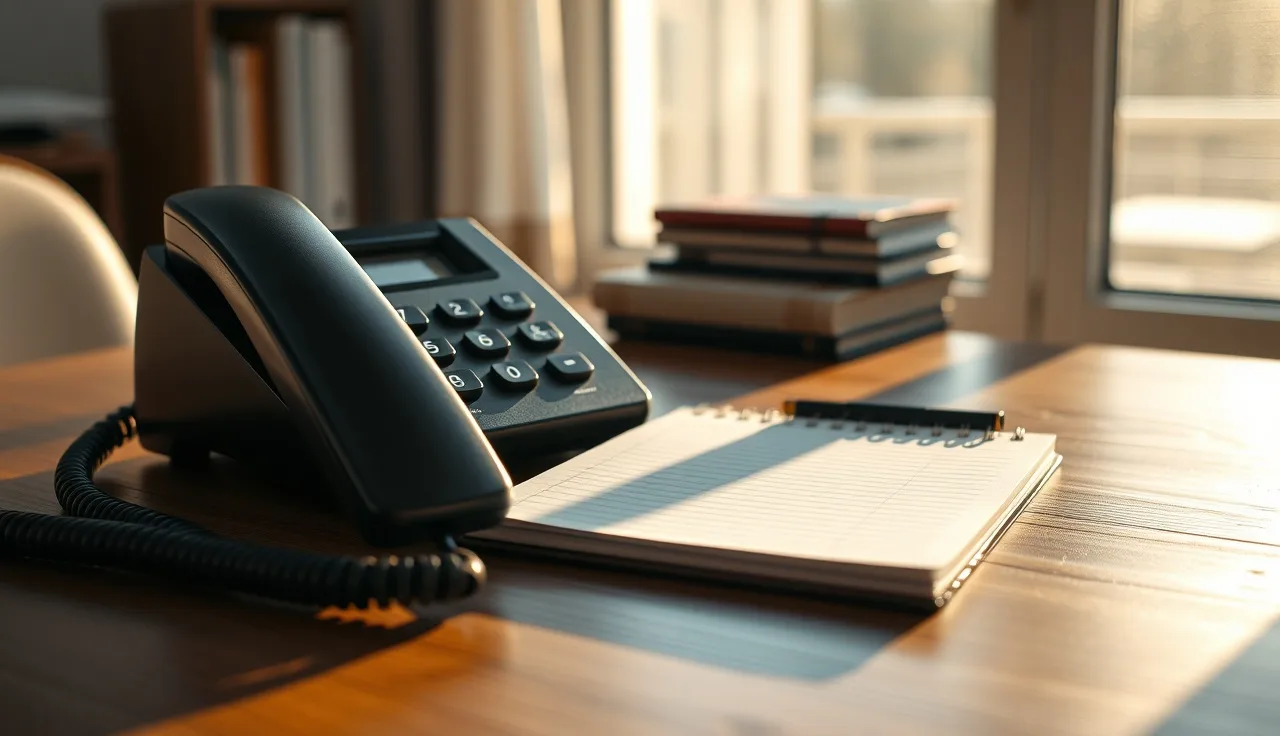 Telephone handset on a desk beside a notepad in afternoon light, TCPA dialing compliance concept