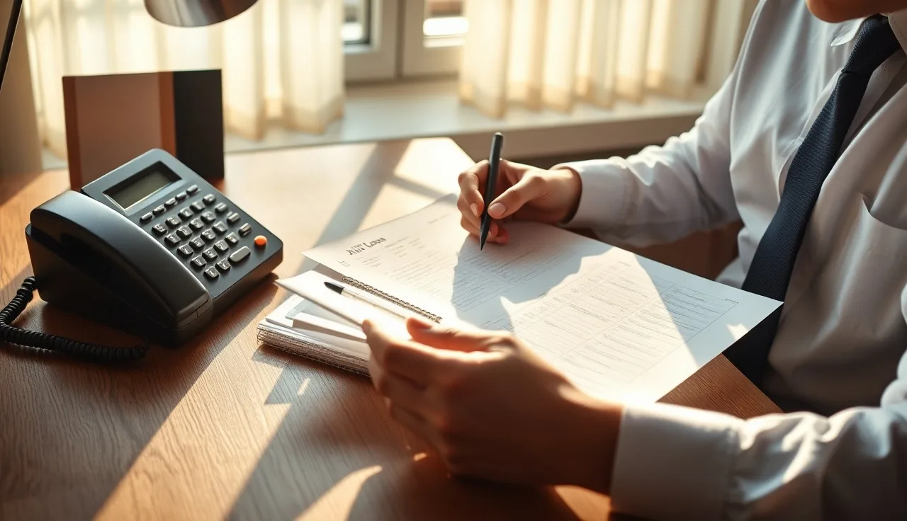 Business professional reviewing call logs and notes at a desk, TCPA compliance work
