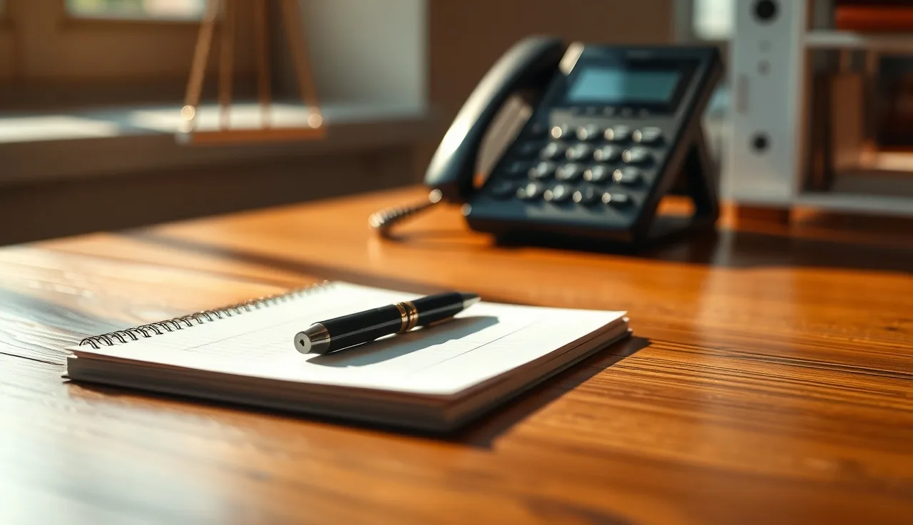 Legal notepad and desk phone on a wooden office desk, TCPA defense preparation scene