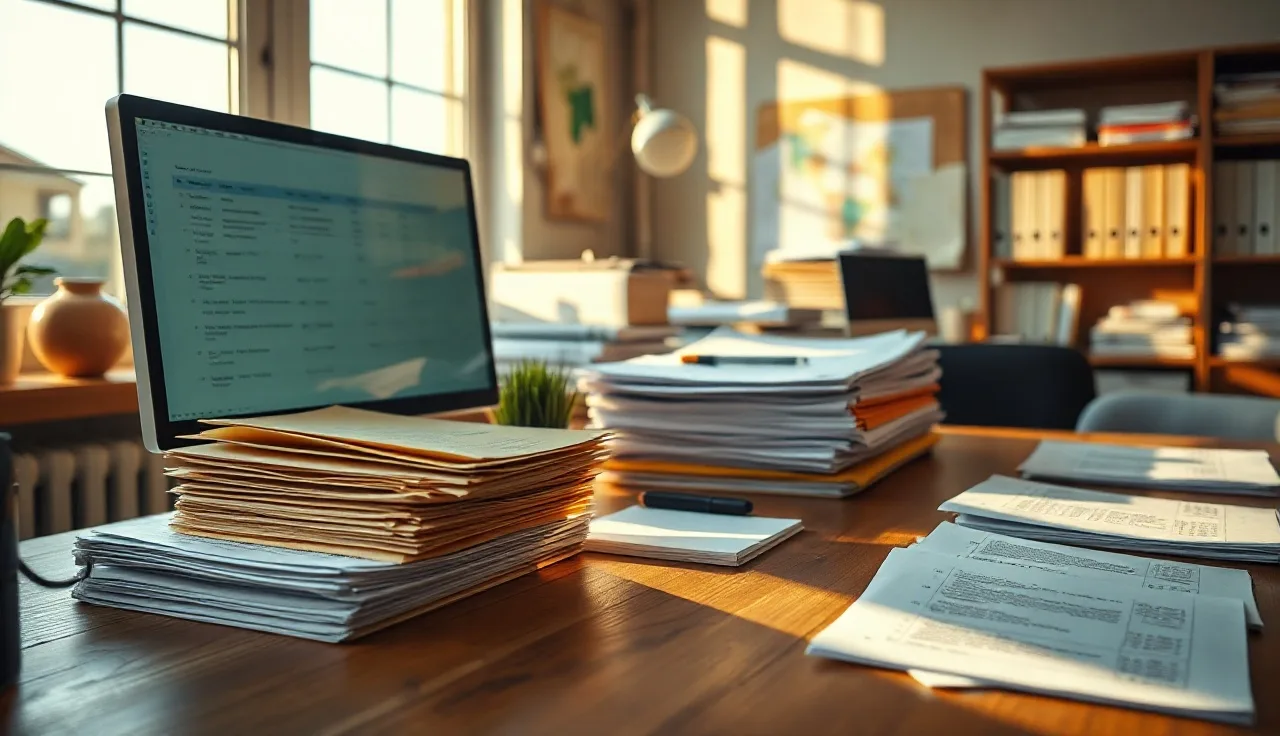 Organized office desk with stacked folders and a monitor prepared for litigation hold