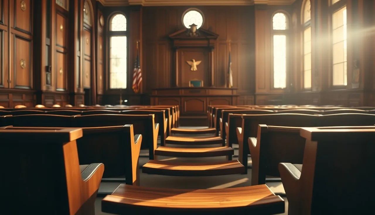 Empty federal courtroom gallery benches with judge's bench in background
