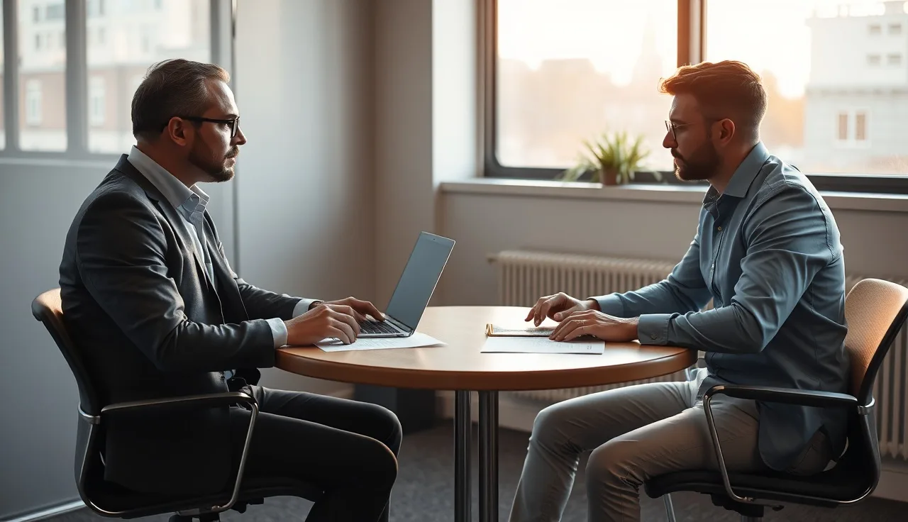 Manager conducting a formal disciplinary meeting with a sales rep at a conference table