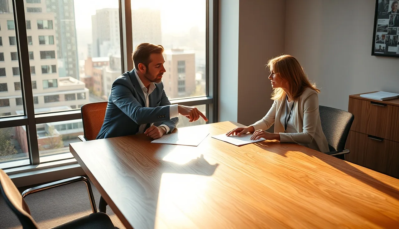 Two founders reviewing compliance documents at a conference table during a fundraise meeting