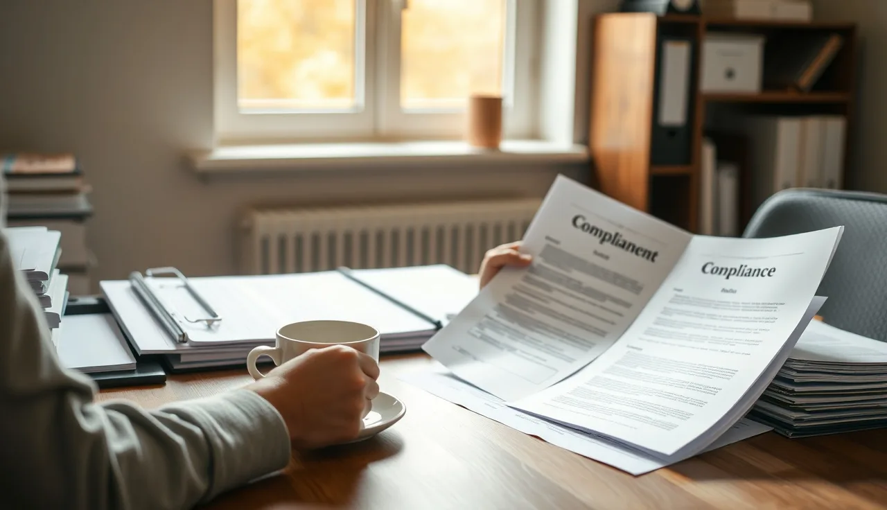 Person reviewing compliance documents at a desk for TCPA program documentation