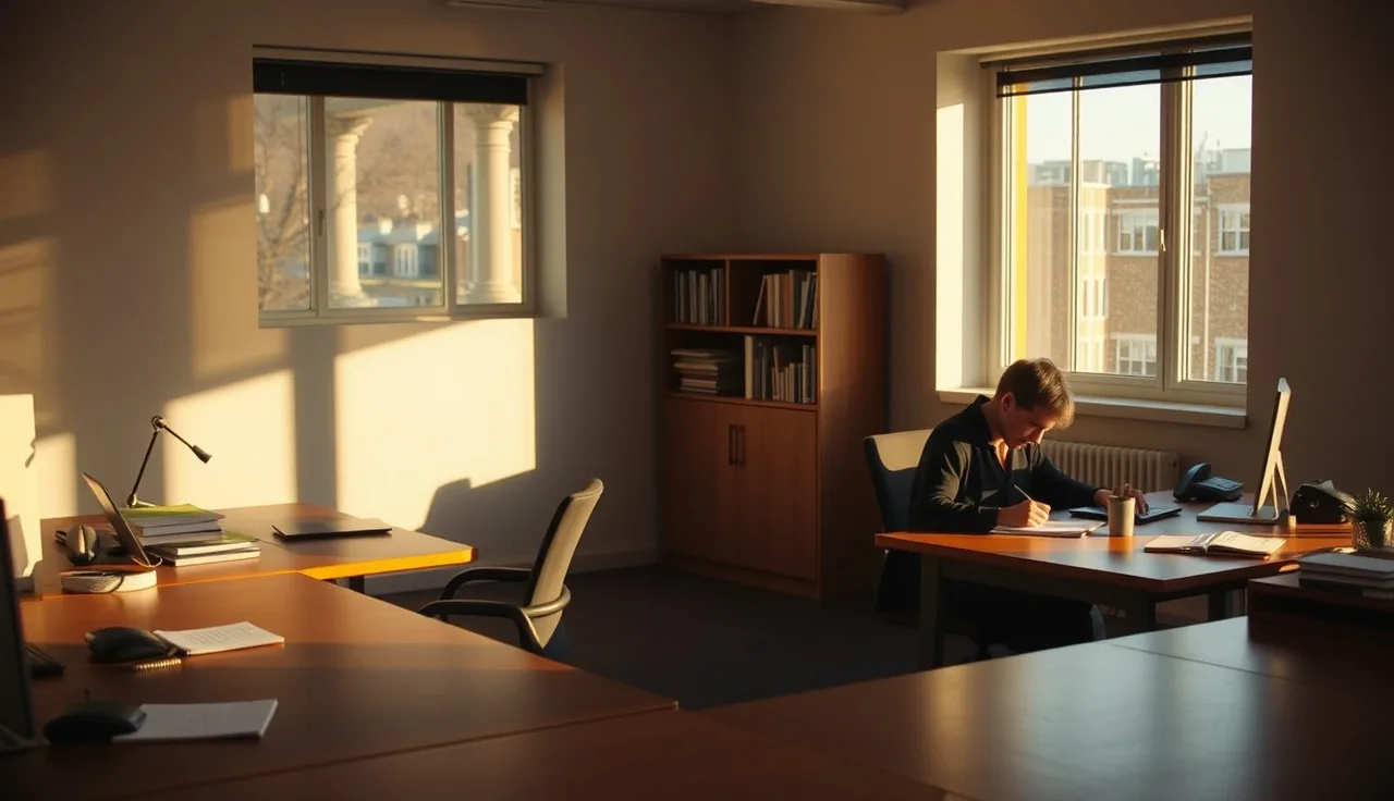 Two sales reps at desks with phones in a small office, warm afternoon light