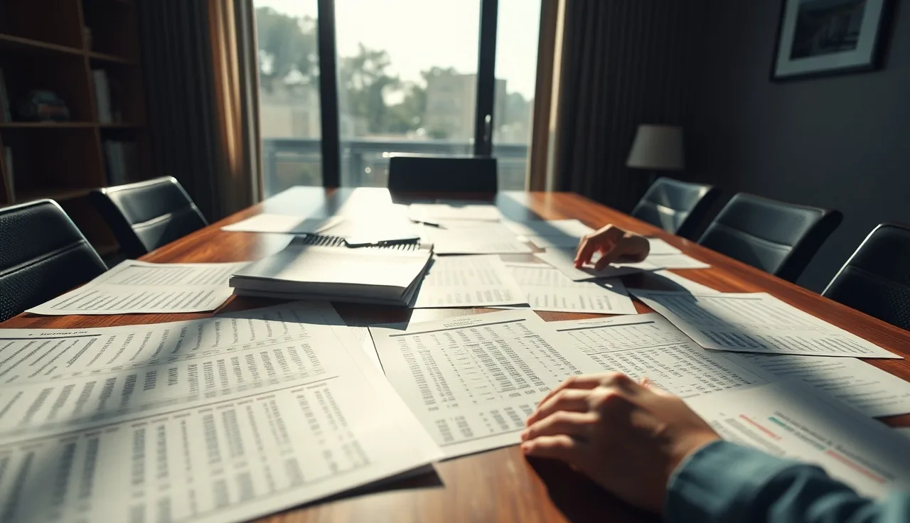 Person reviewing compliance spreadsheets at a wooden conference table in morning light
