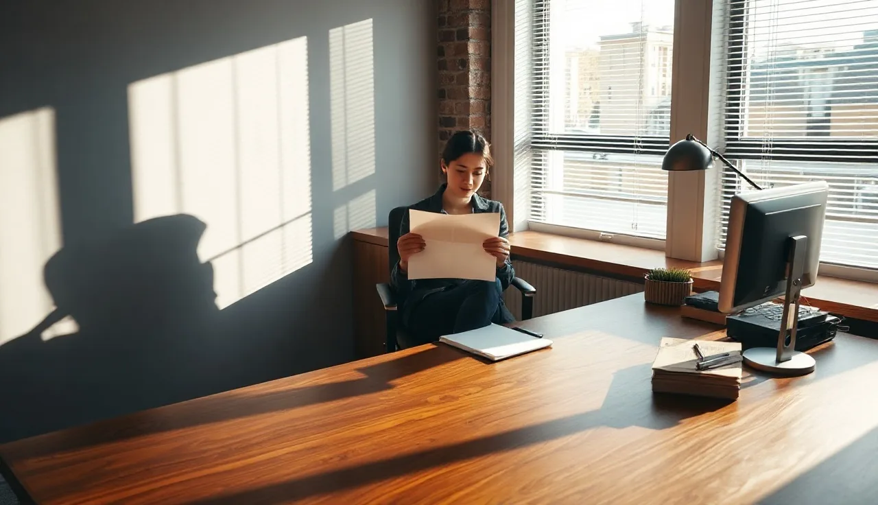Person reviewing a demand letter at a wooden desk in quiet afternoon office light