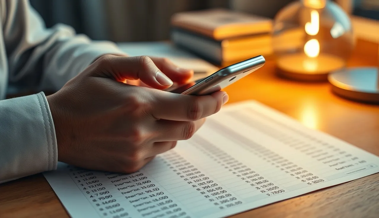 Hands holding a smartphone over a printed list of phone numbers on a desk