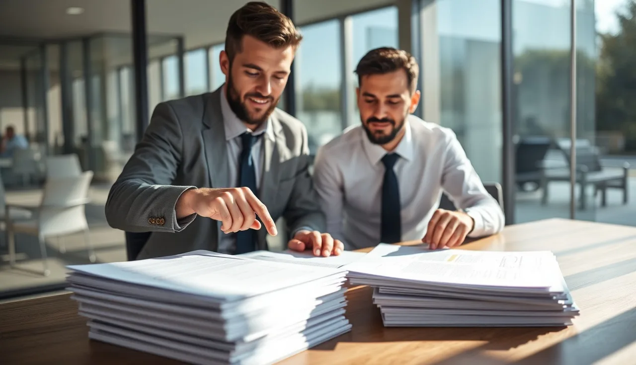 Two salespeople reviewing compliance documents during a competitive deal meeting