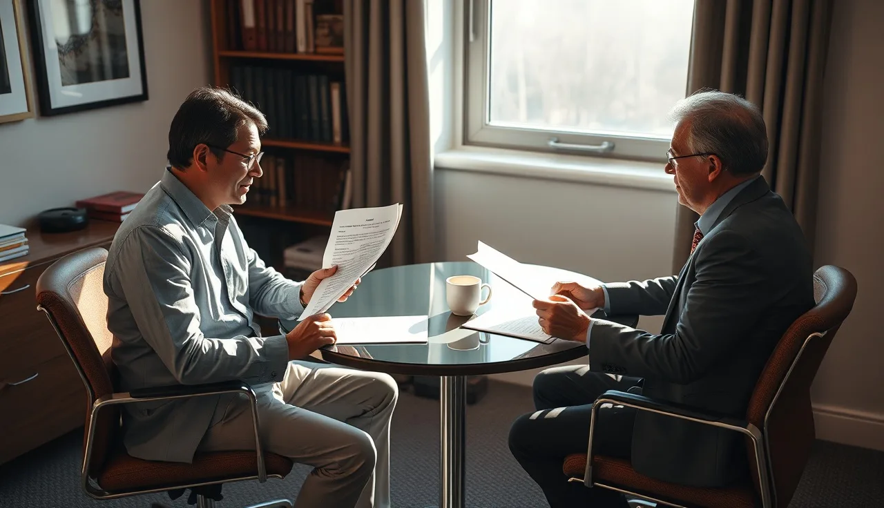 Attorney and client reviewing TCPA compliance documents at a small conference table