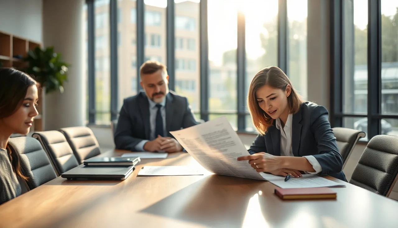 Two professionals reviewing vendor contract indemnification language at a conference table