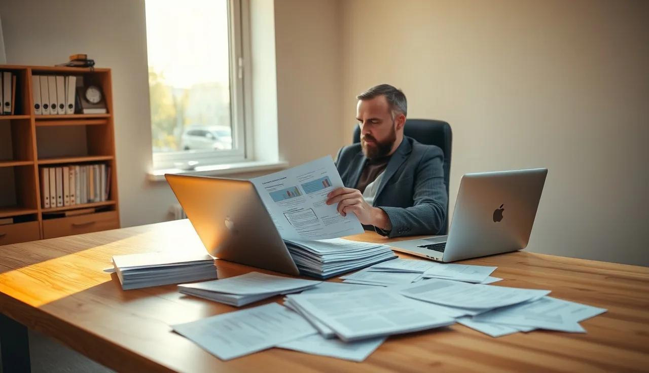 Small business owner reviewing printed records for a TCPA litigation hold at a wooden desk