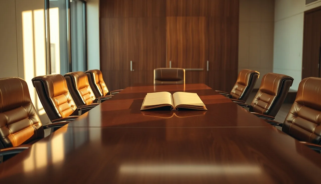 Empty corporate boardroom with open folder, suggesting personal officer liability review