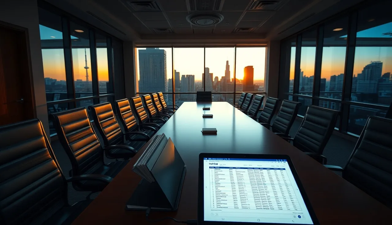 Empty conference room with legal binders and call log spreadsheet open on laptop