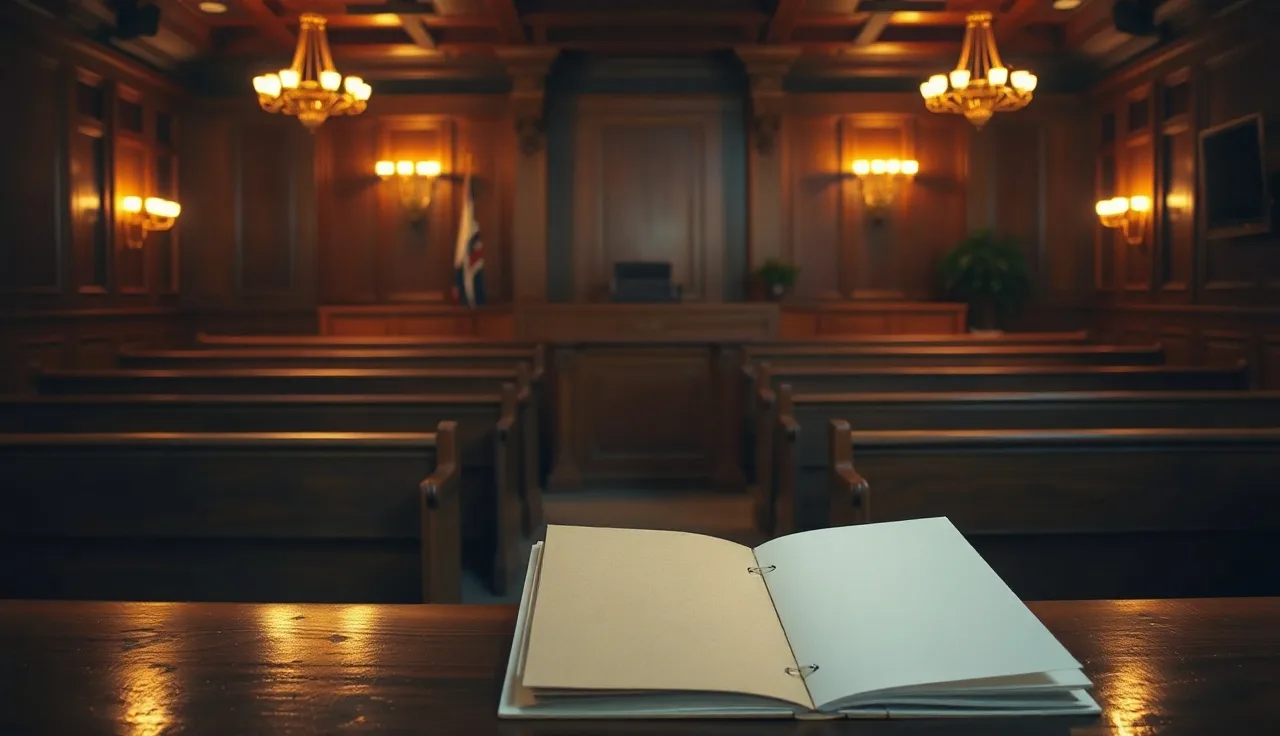 Empty courtroom at dusk with folder on table representing TCPA penalty lawsuit
