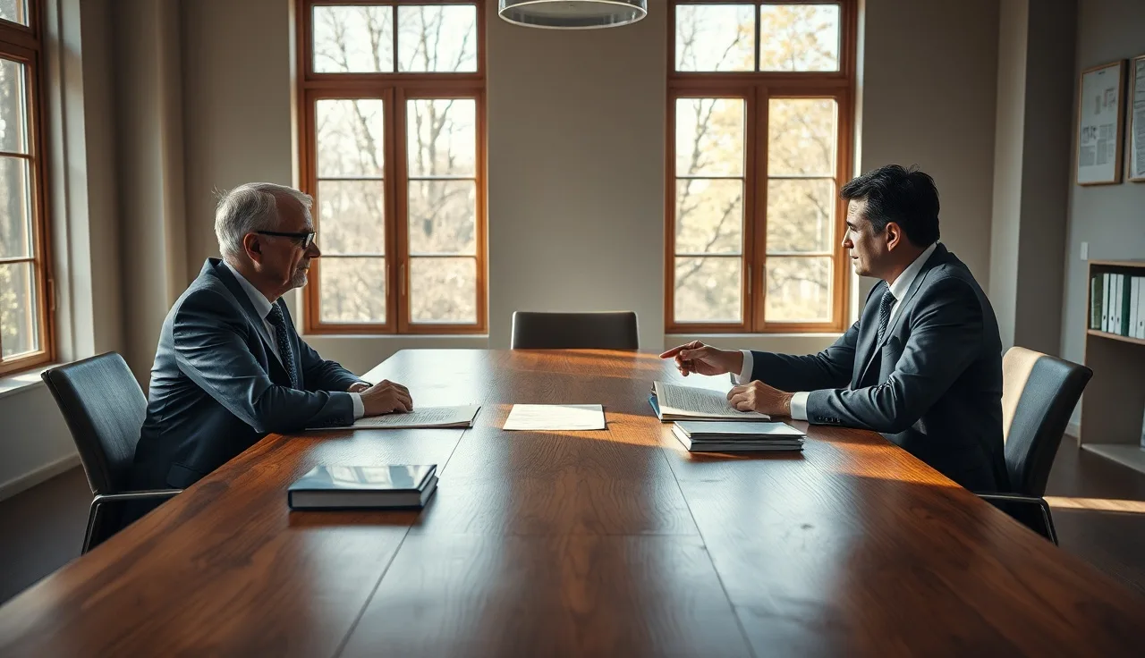 Attorney and client reviewing documents at a conference table before a TCPA defense engagement