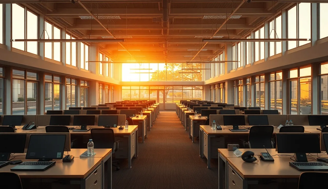 Empty real estate office with phones on desks under afternoon sunlight