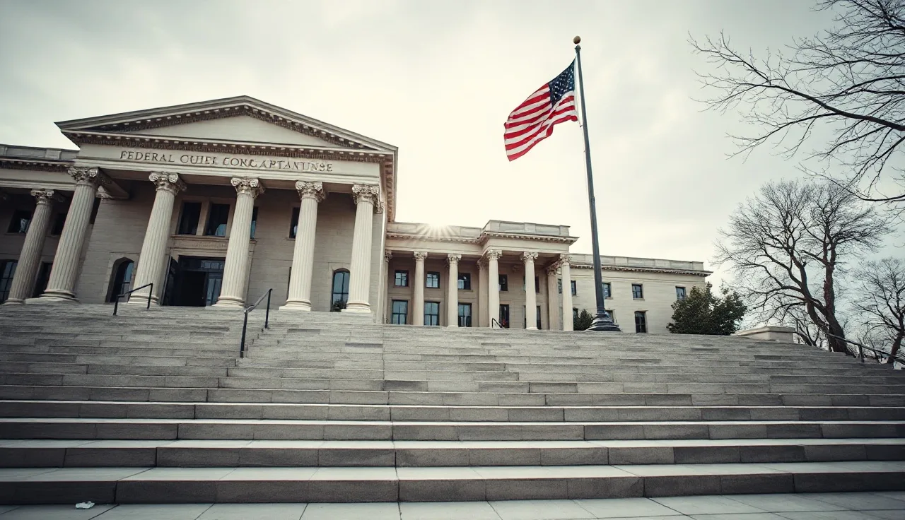 Federal courthouse steps at dawn, empty and quiet, TCPA lawsuit setting