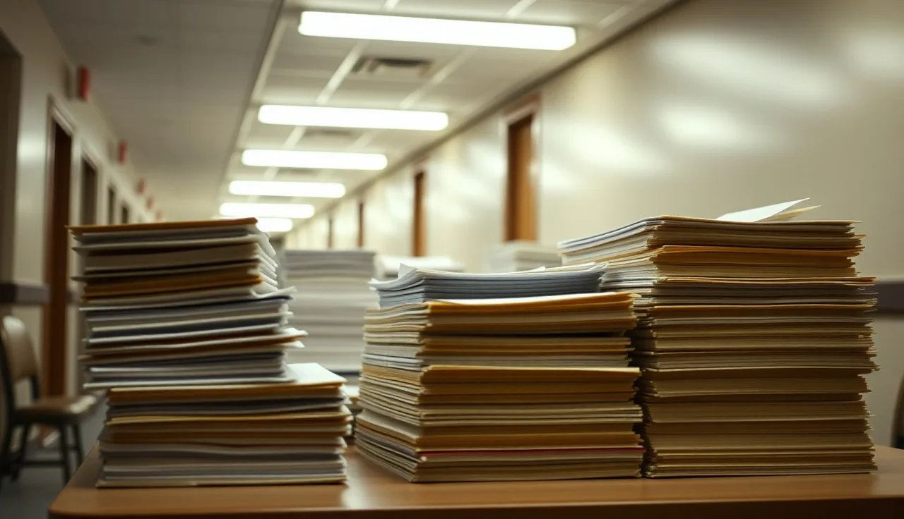 Stack of call log documents on a federal courthouse exhibit table, TCPA lawsuit evidence