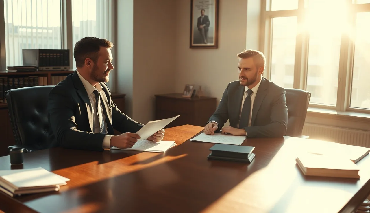 Attorney and client reviewing TCPA compliance documents at a law office desk