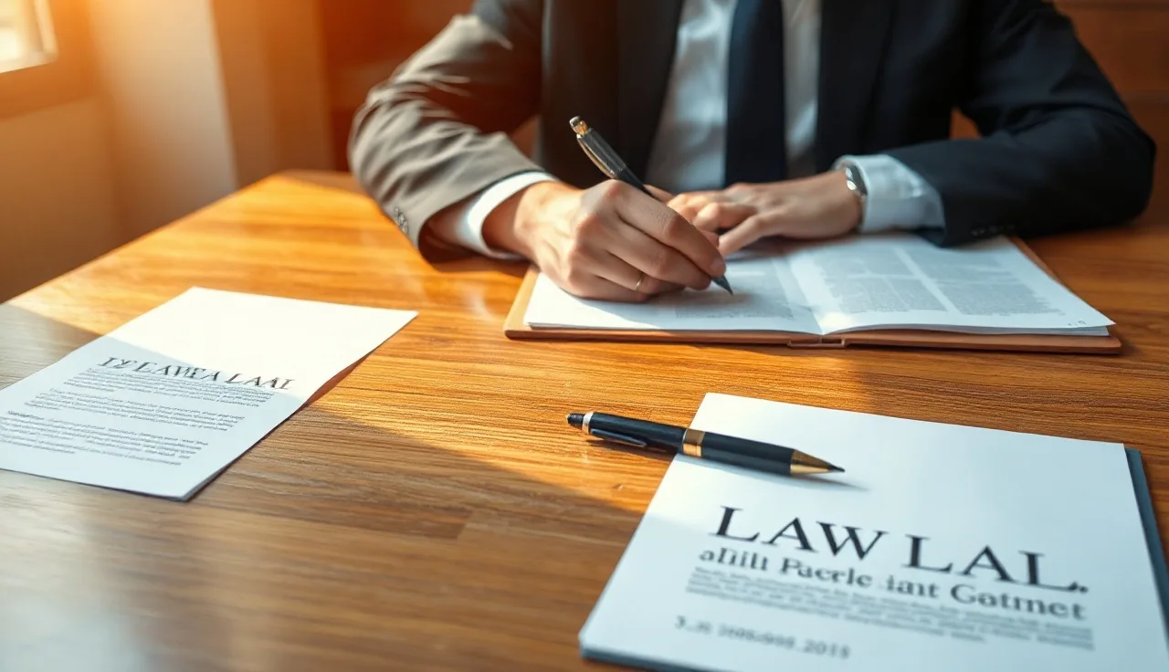 Attorney reviewing TCPA legal documents at a conference table in afternoon light
