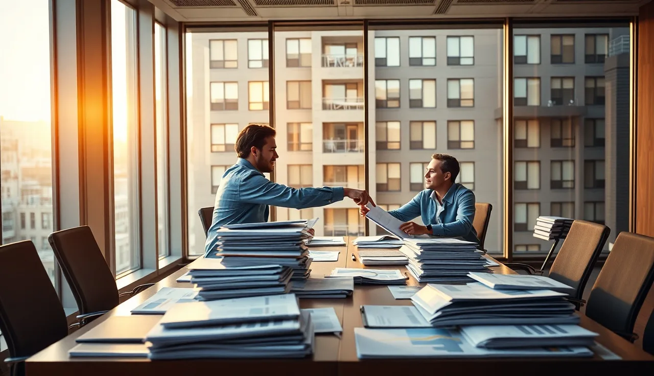 Two professionals reviewing compliance documentation folders during a due diligence meeting